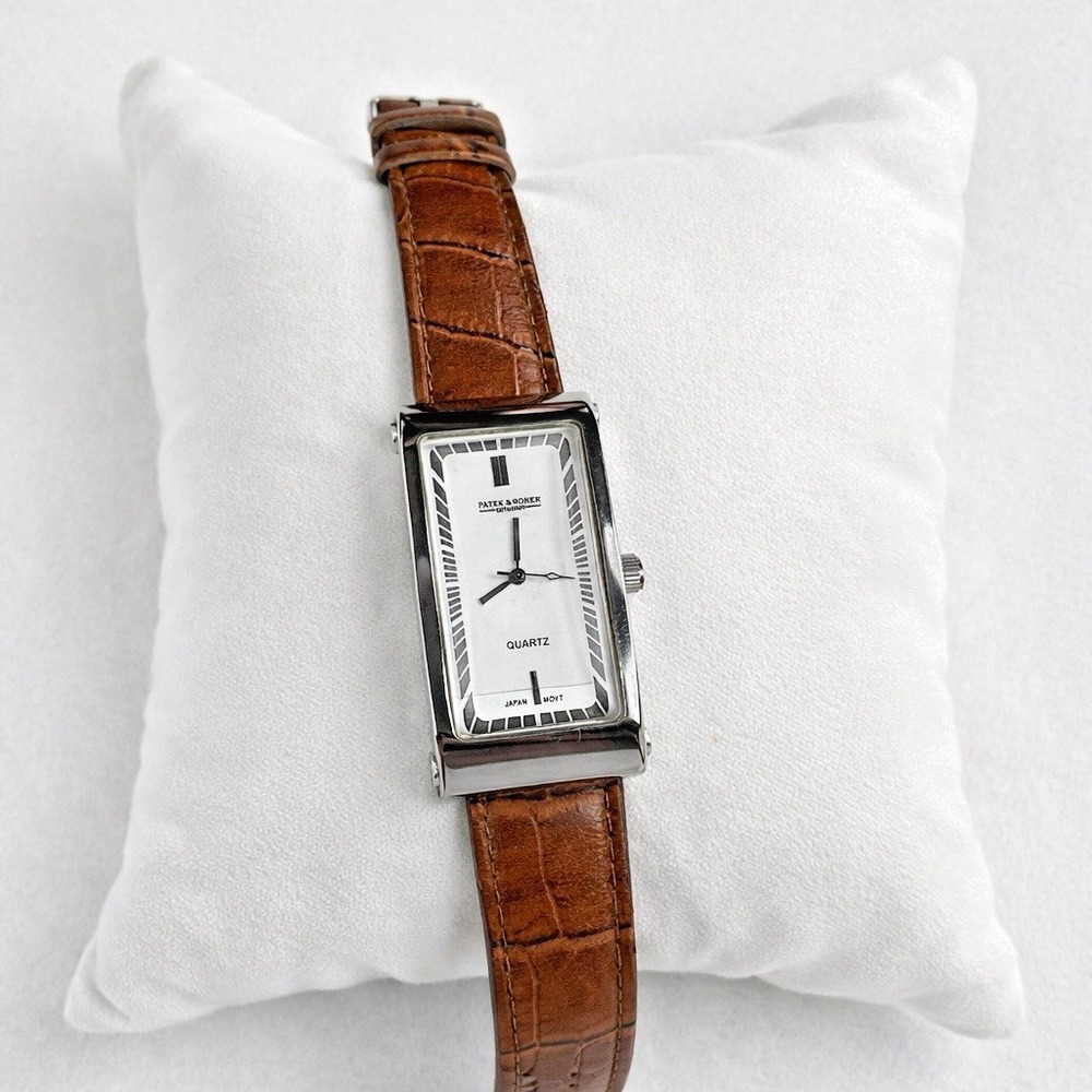 Patek & Roner Rectangular Quartz Watch Japan Movt Brown Strap Unisex As-Is